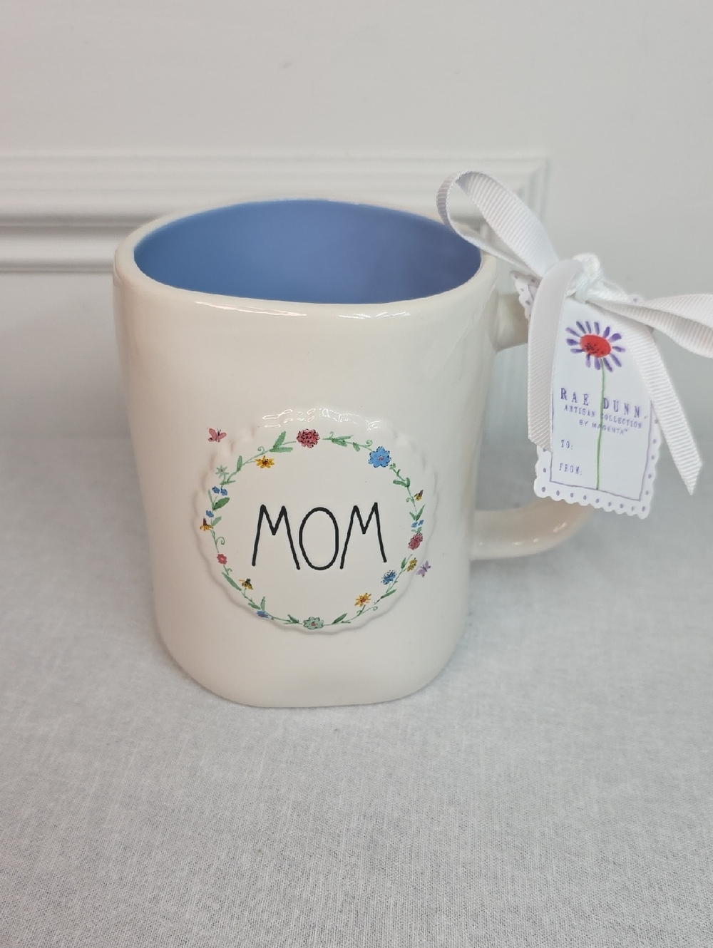 Rae Dunn MOM Floral Wreath Mug with Blue Interior